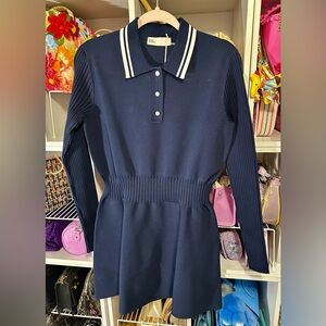Tory Sport Women's Long Sleeve Navy Rib-Knit Fit & Flare Dress
